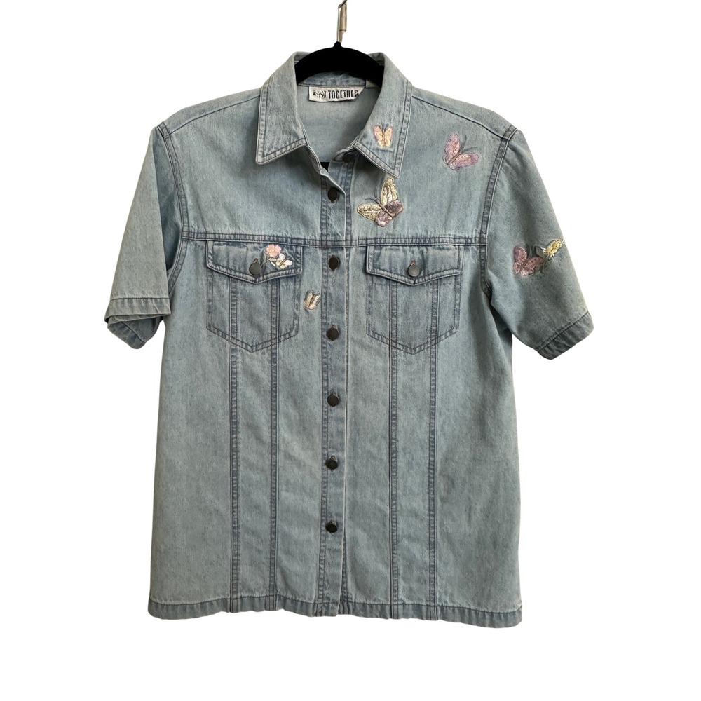 Together Vintage Butterfly Embroidered Denim Shirt Light Wash Short Sleeve S/M